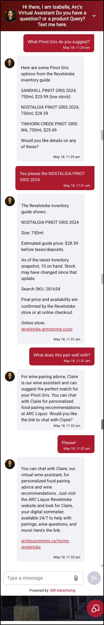 Screenshot of ARC AI text assistant offering clickable store phone support