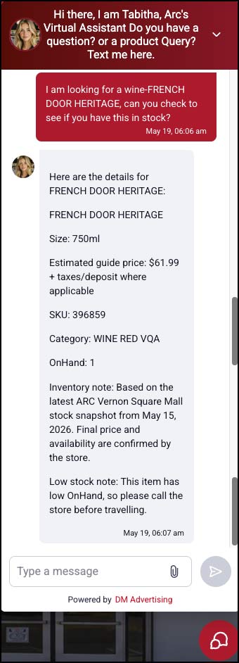 Screenshot of ARC AI text assistant showing a complete customer support pathway