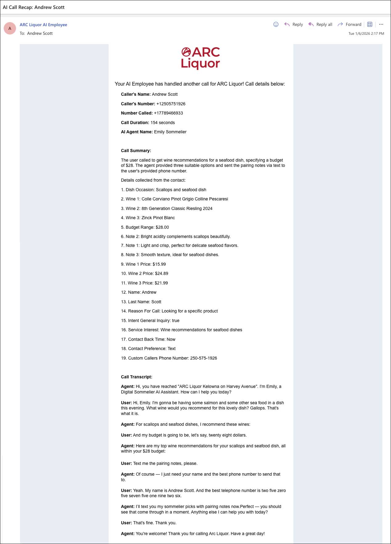 image of a transcript AI sent to the store manager.
