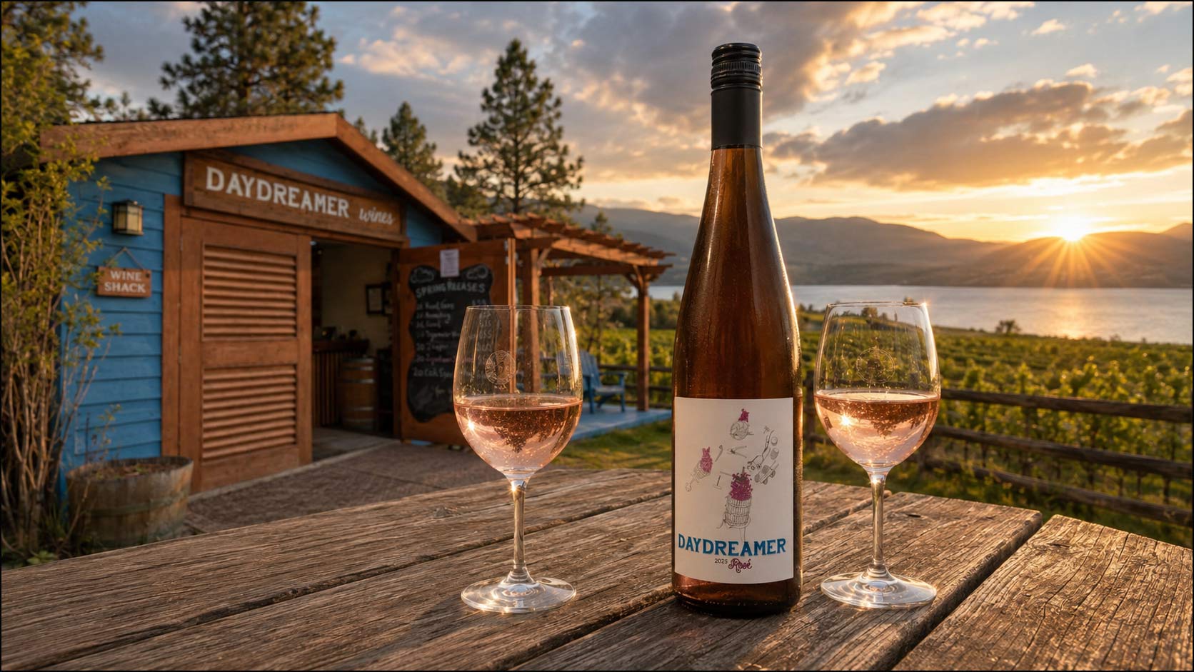 Daydreamer Wines presented above the vineyards of the Naramata Bench