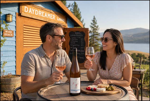 Guests sharing Daydreamer wine in a relaxed Naramata Bench setting