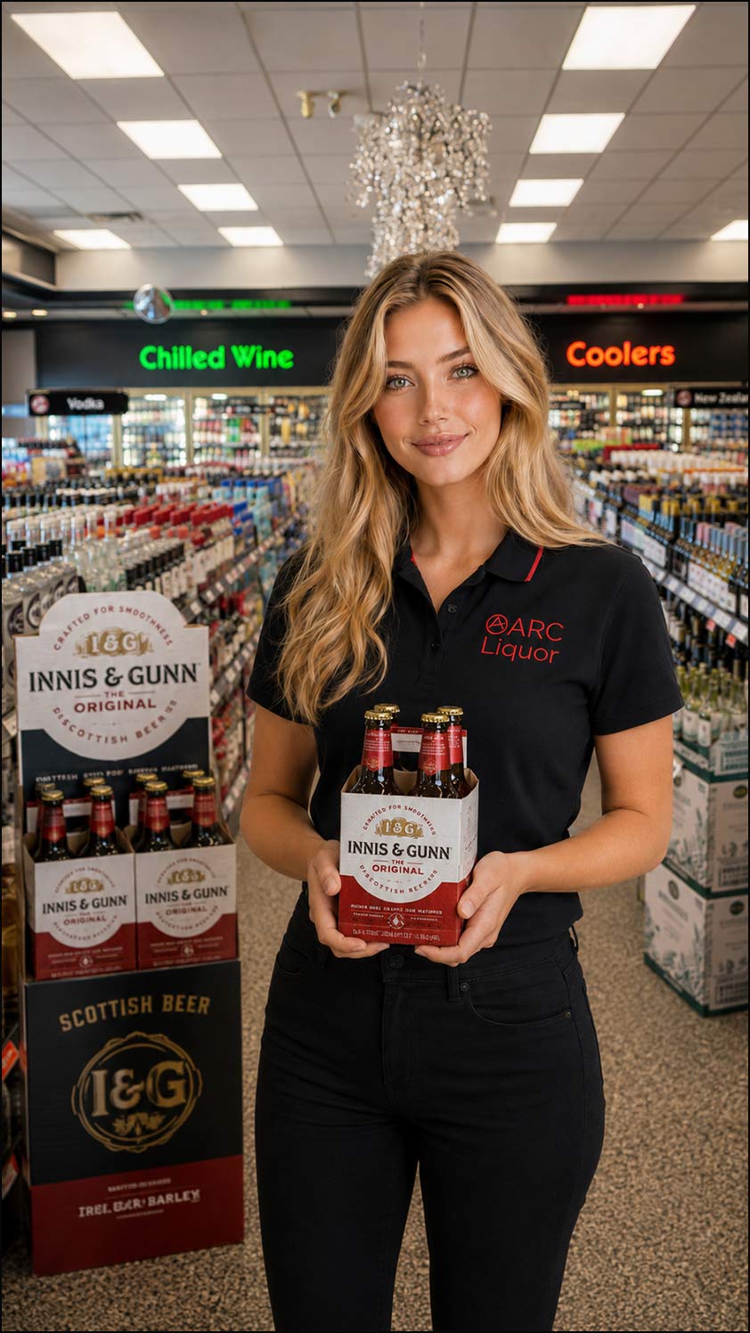 Tabitha standing in front of an isle with a Innis And Gunn Beer Display at ARC Liquor (Square Mall, Vernon) featuring Innis & Gunn Original
